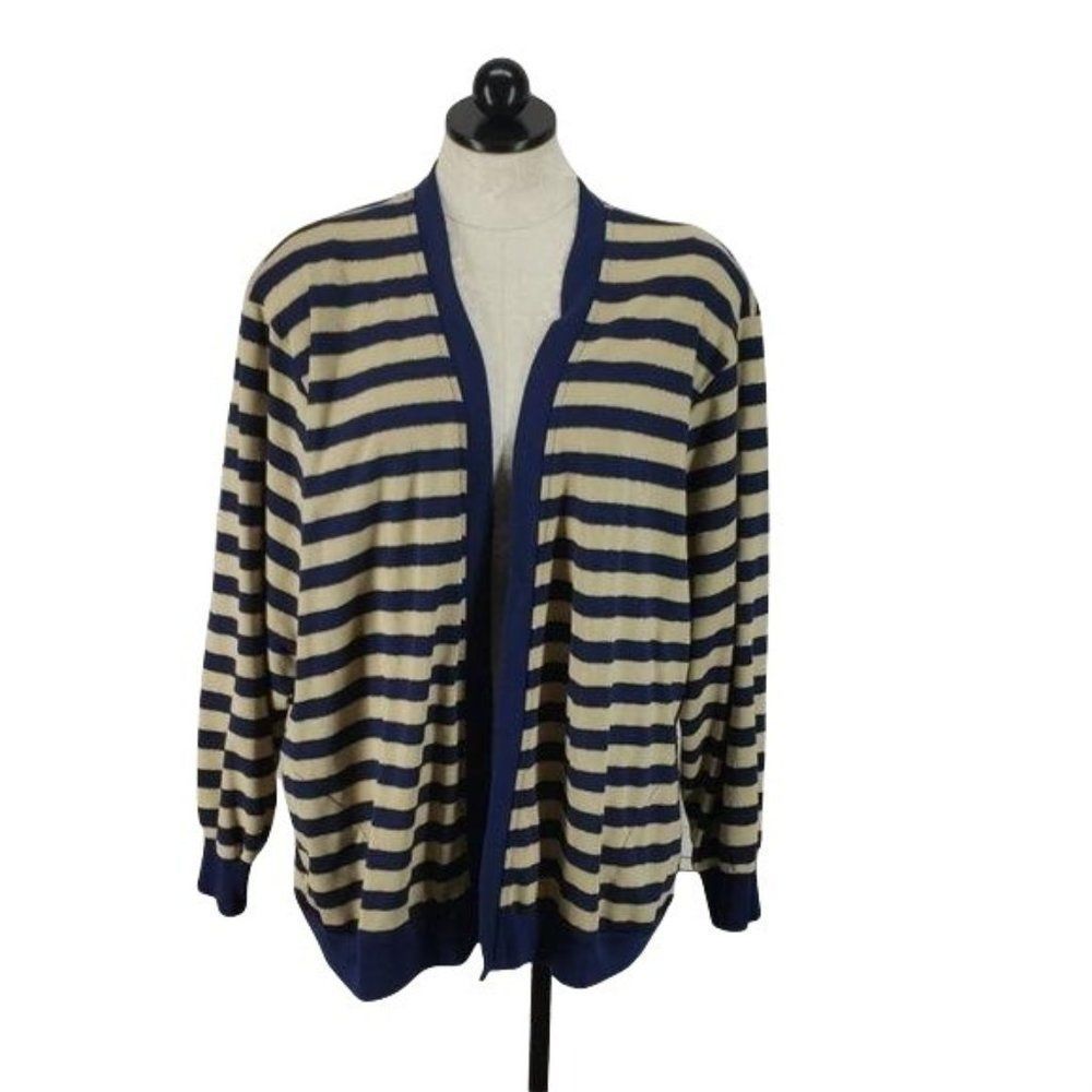 Bon Worth Blue Tan Striped Ribbed 2X Cardigan Sweater 90s plus size school
